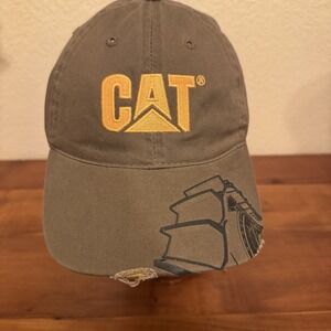 CAT Hat Men OS Brown Strapback Baseball Cap Embroidered Caterpillar Distressed